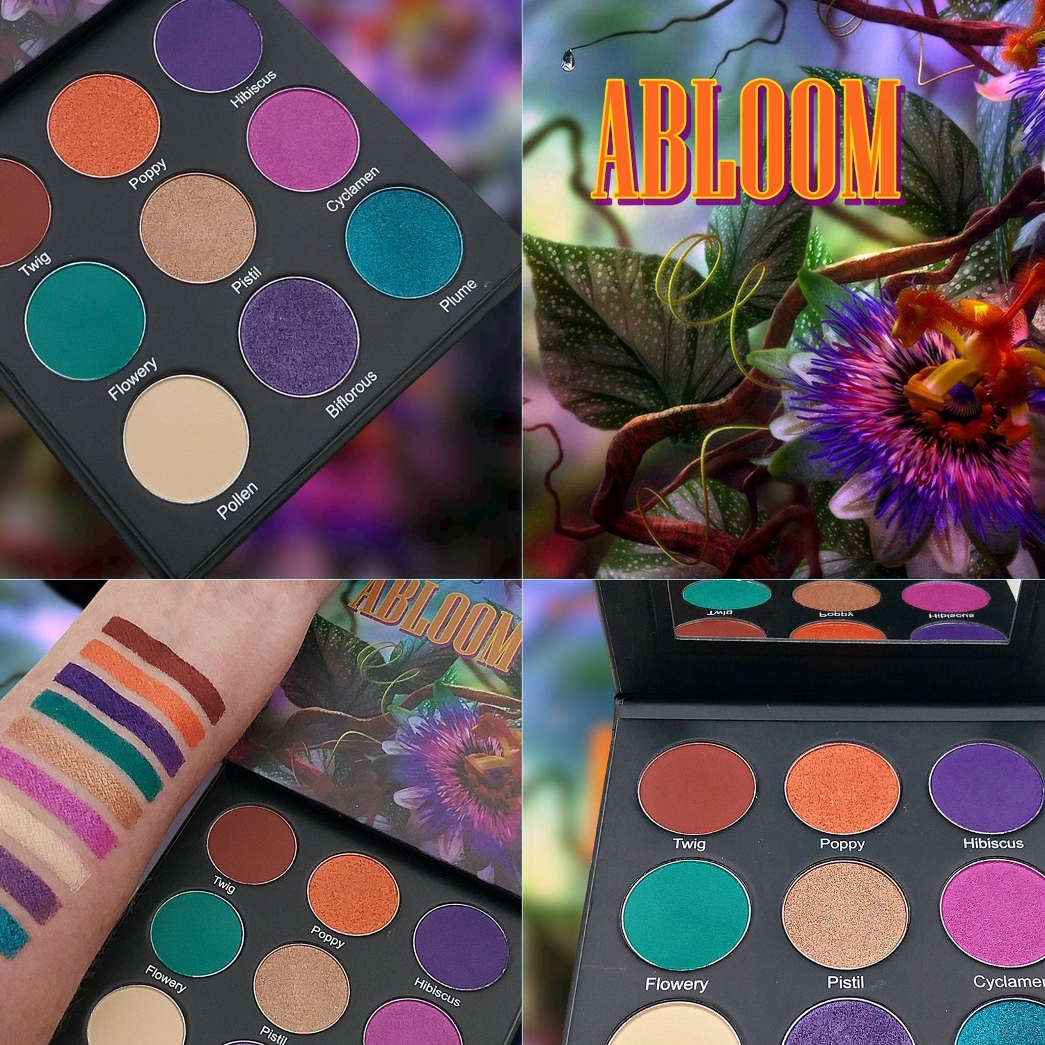 Eyeshadow palette with multiple colorful shades, black compact, and brand name ABLOOM visible.