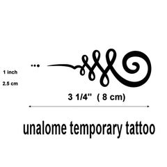 Close-up of three delicate unalome temp tattoos with intricate spiral designs on skin, showcasing realistic metallic sheen