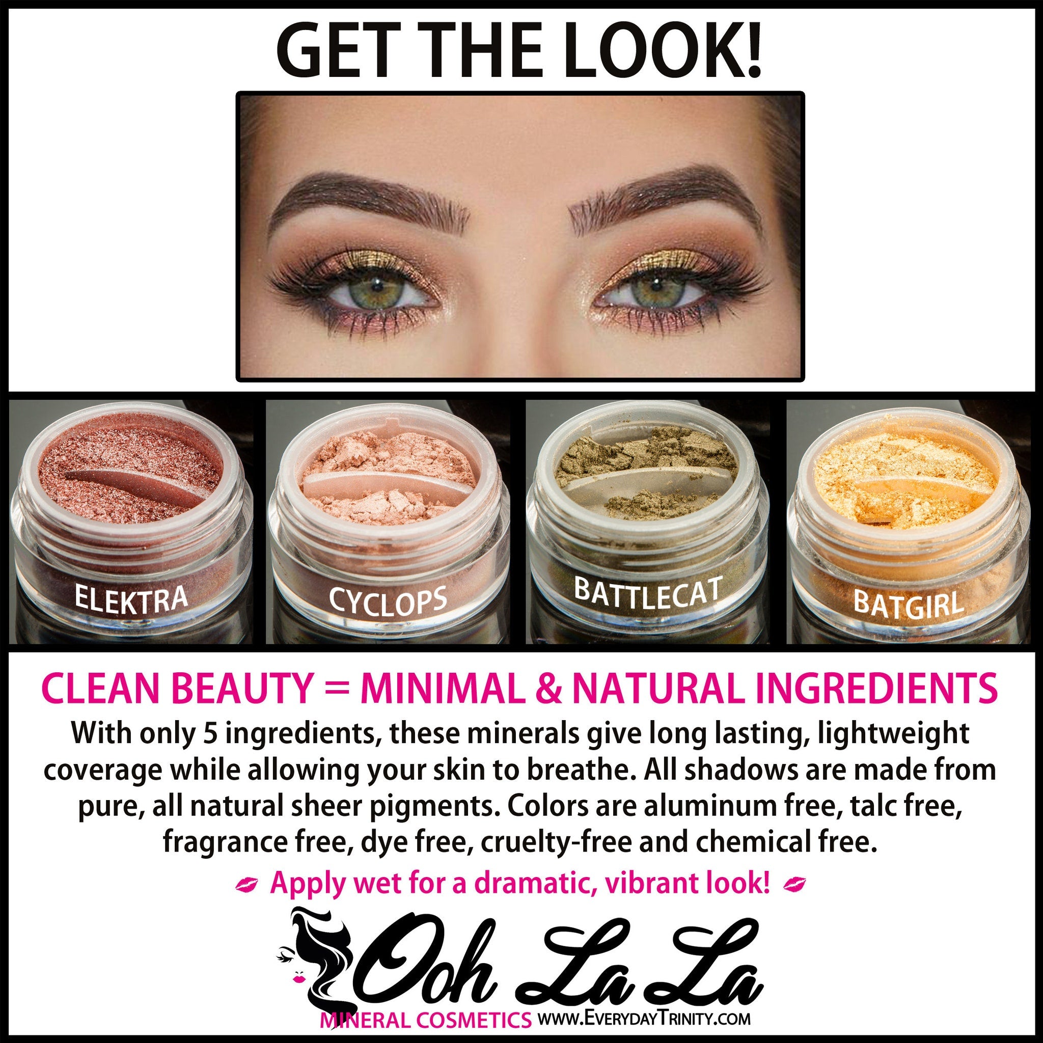 Side view of mineral eye shadow jar showing textured lid and natural pigment through clear glass