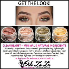 Side view of mineral eye shadow jar showing textured lid and natural pigment through clear glass