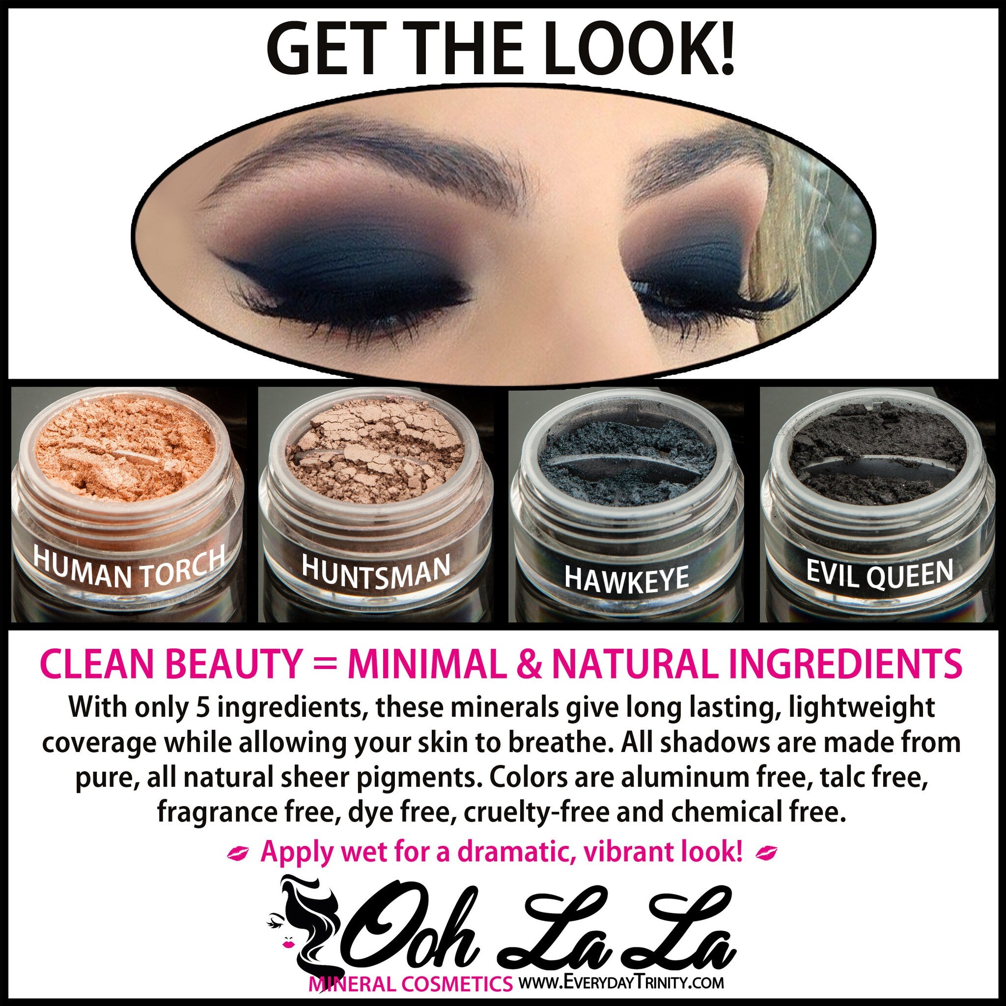 White, silver, and black mineral eye shadow trio in a 10g jar with sleek black lid, showcasing complementary shades for layered looks