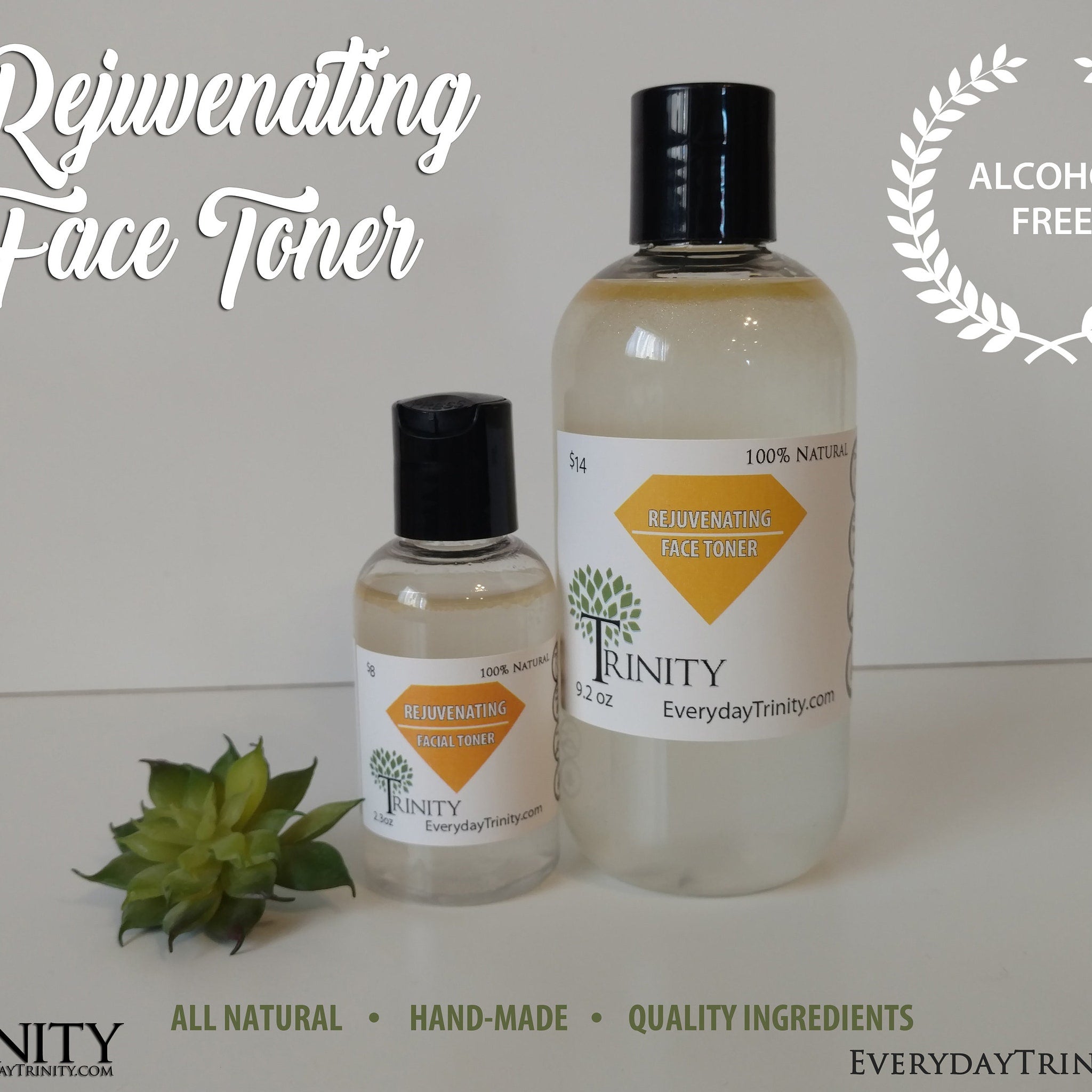 Toner bottles, clear glass, black cap, with "Trinity" label and green plant accent