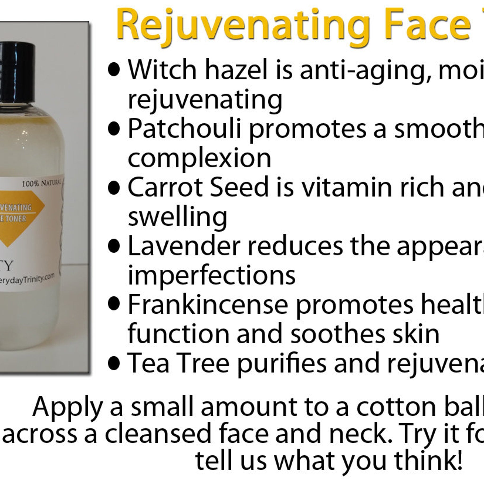 Face toner bottle with black cap, clear glass, and Everyday Trinity label