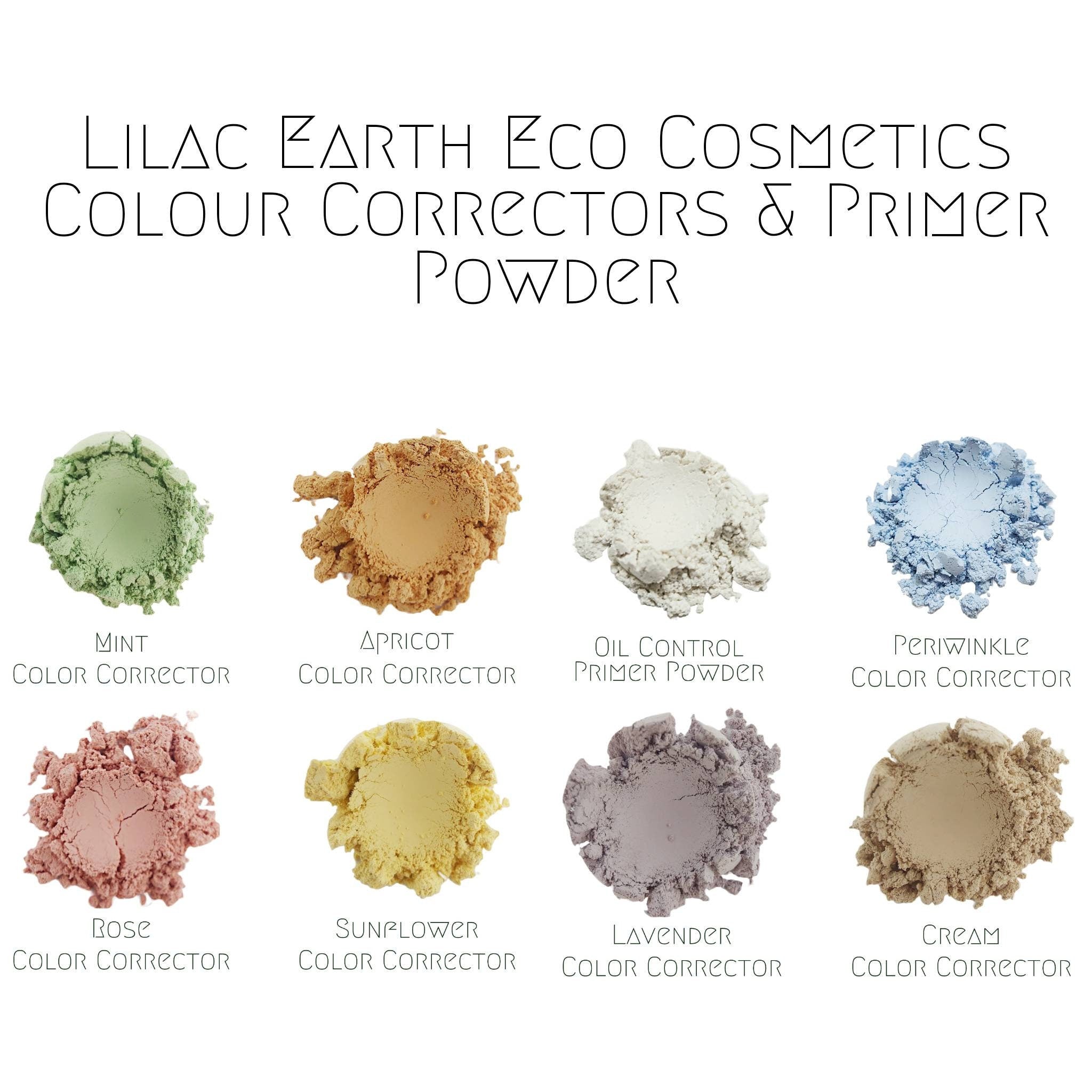 Overhead view of vegan mineral eye shadow samples in assorted earthy tones with matte and shimmer finishes