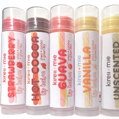 Lip balm tubes with various colors and Kirell mie branding, ready for use