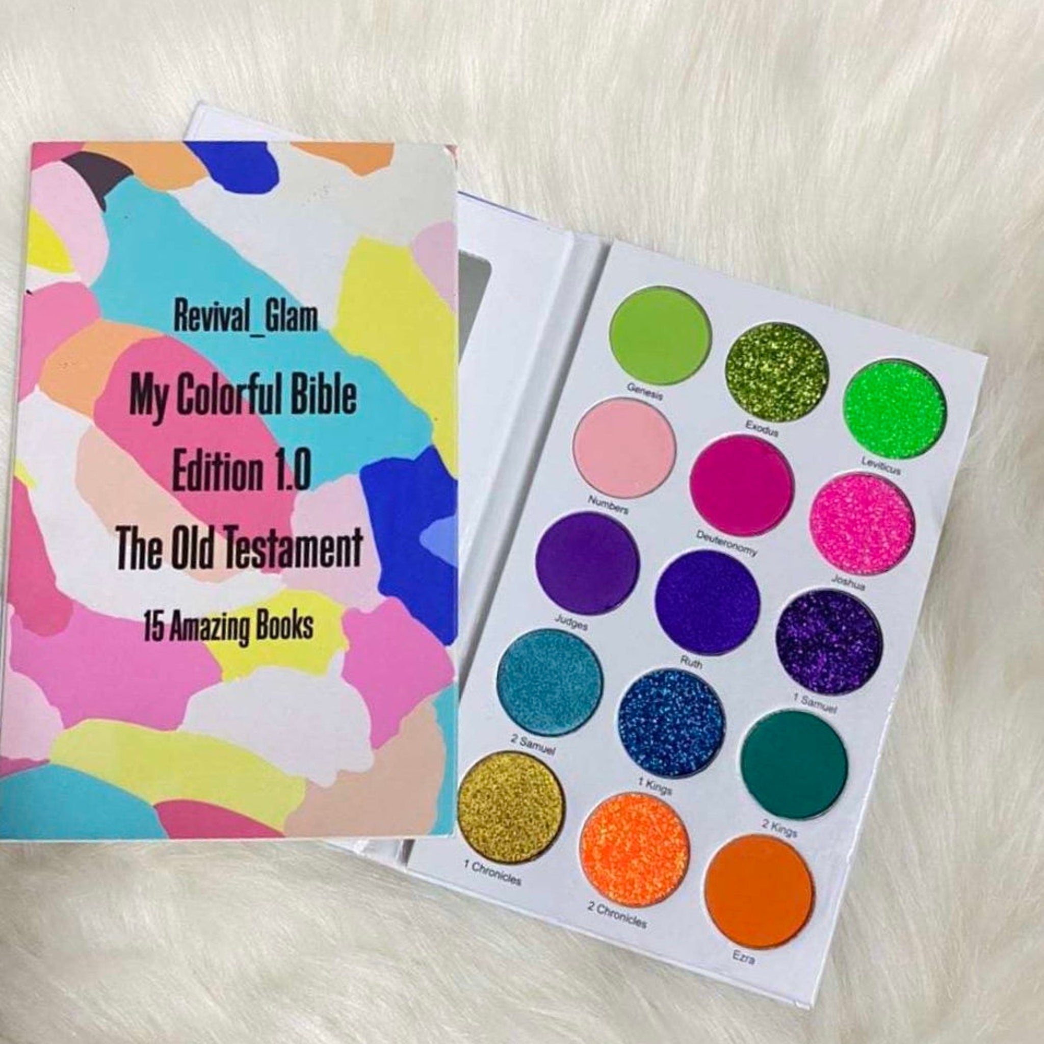 Revival Glam My Colorful Bible eyeshadow palette with colorful, glitter, and matte shades