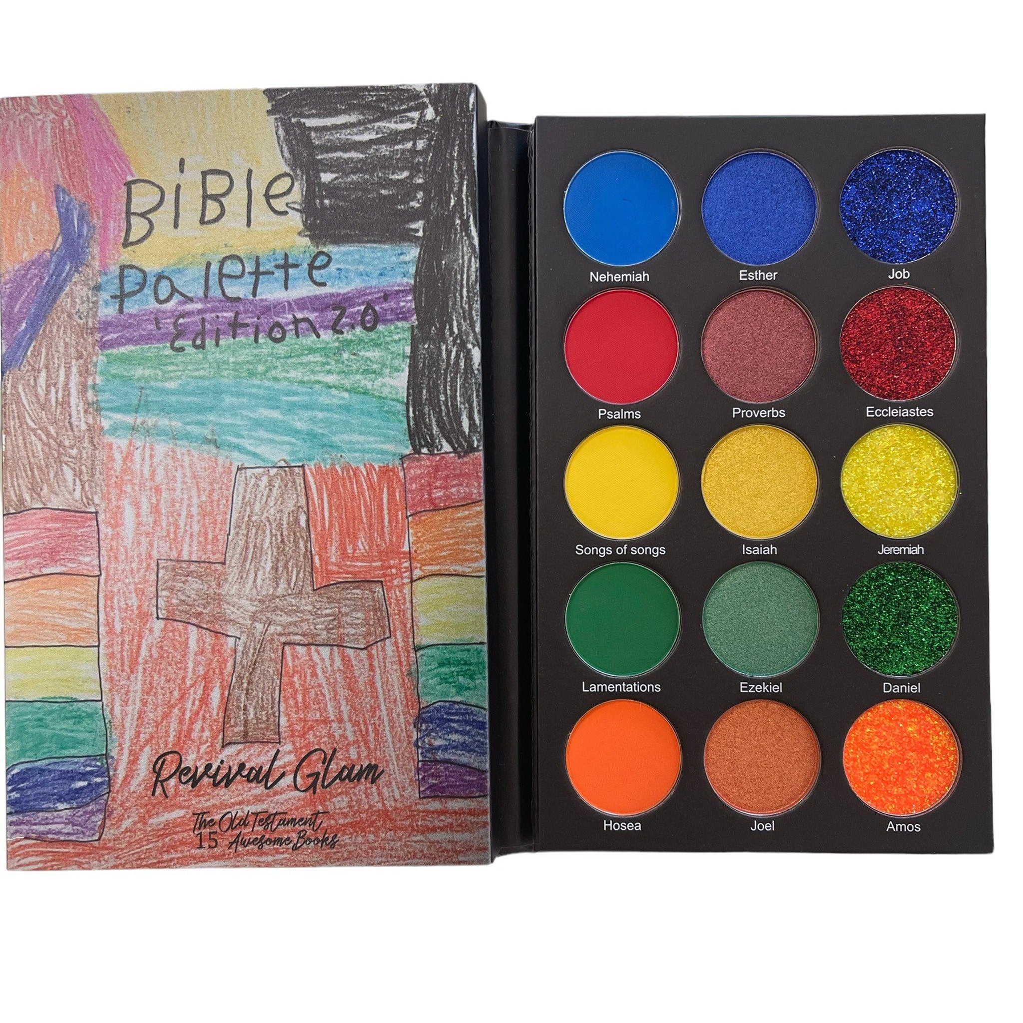 Bible palette with colorful eyeshadows, Revival Glam text, and illustrated cover design