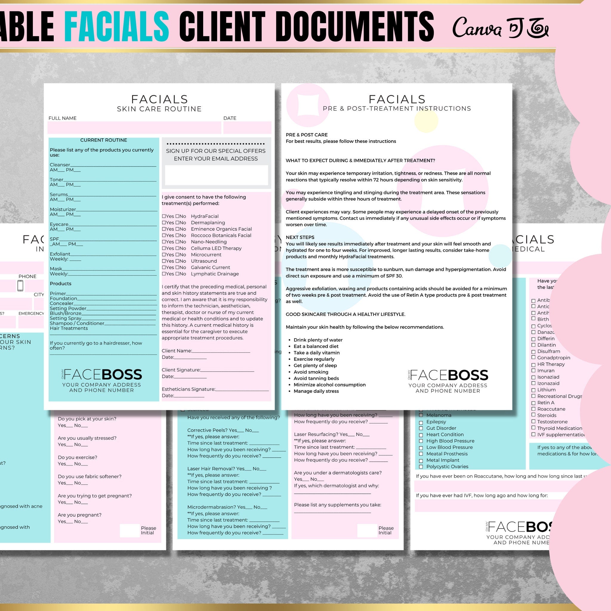 Close-up of a professional skincare consultation form with elegant typography and checkboxes for treatment preferences