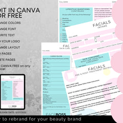 Close-up of sleek client consultation form with skincare icons and signature field on minimalist pastel background