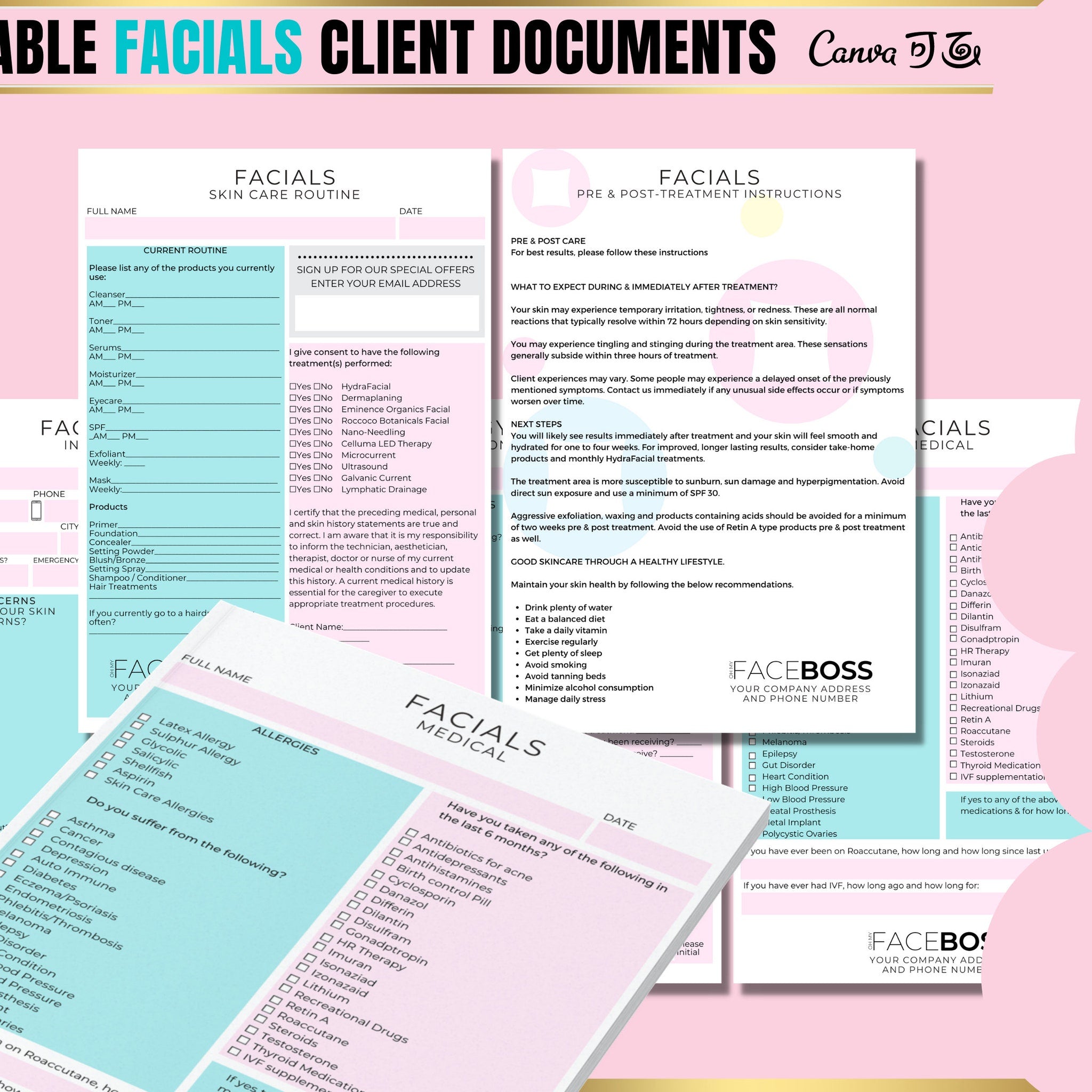 Modern Canva skin treatment form template with clean layout, pastel accents, and editable client consultation fields