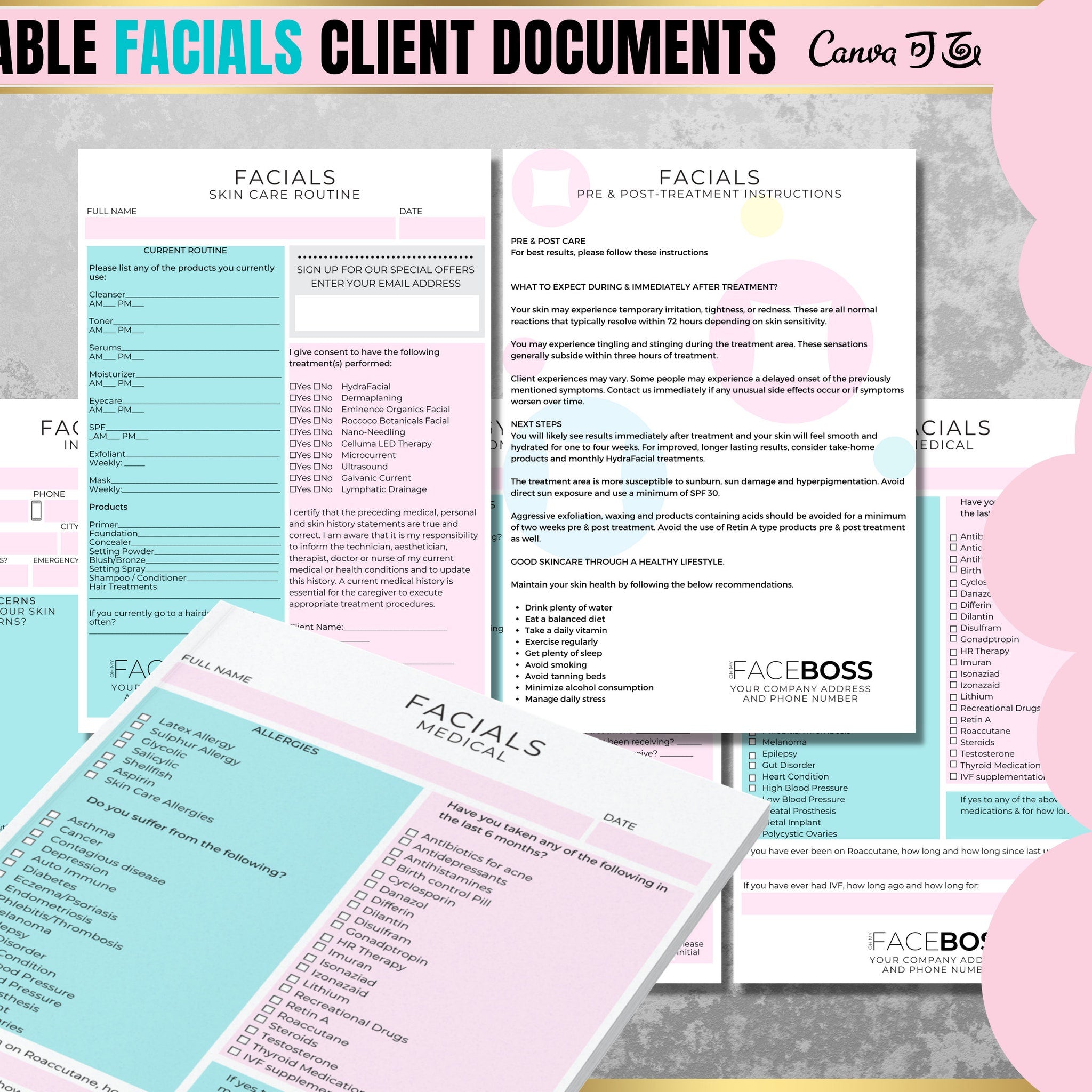 Professional skincare treatment forms with clean design, featuring client consultation fields and signature lines