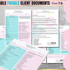 Professional skincare treatment forms with clean design, featuring client consultation fields and signature lines