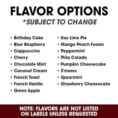 Flavor options list with black text, white background, and bullet points, subject to change.