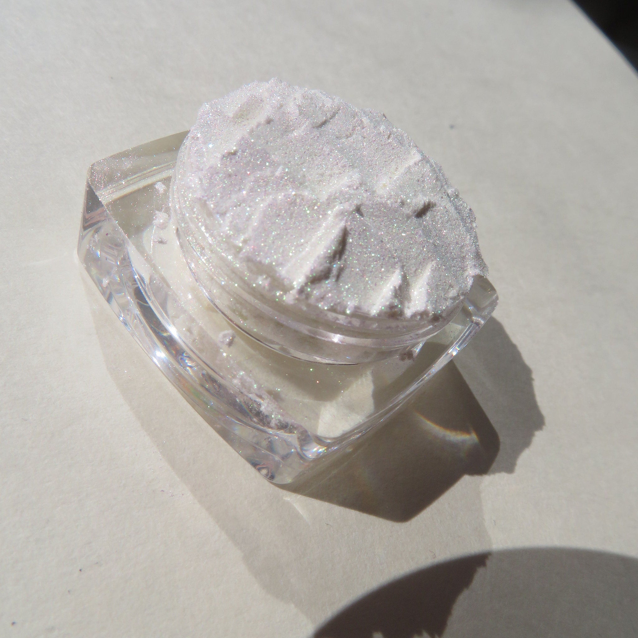 Packaging view of EVANGELINE Mineral Eyeshadow - White Shimmer with Green Gold Sheen Vegan Loose P
