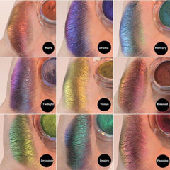 Eyeshadow swatches with iridescent shimmer, showing color variations on skin, with black circle labels