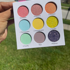 Colorful Bible Eye Shadow Palette featuring 12 vibrant matte and shimmer shades in New Testament Edition 2.0 packaging