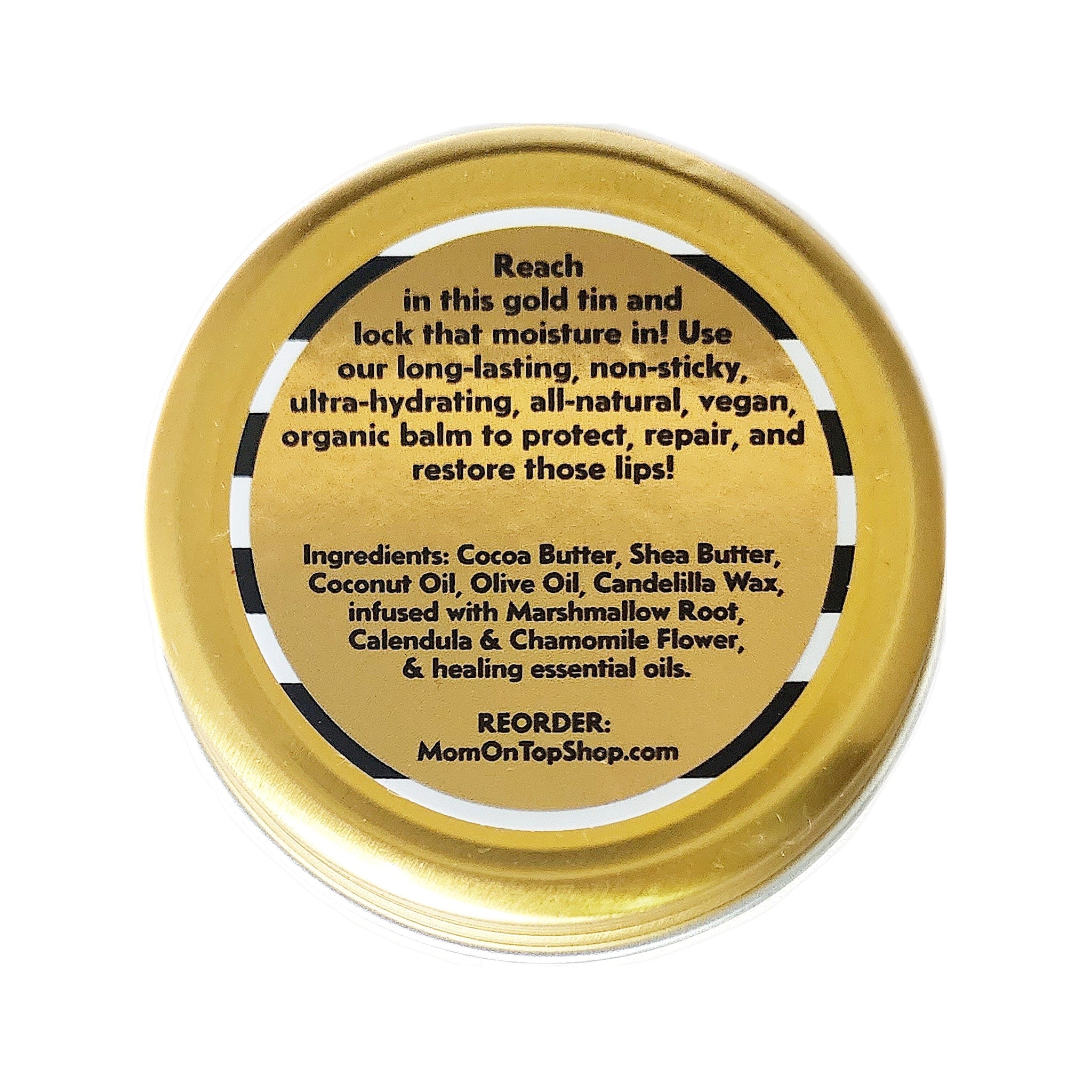 Lip balm tin, gold metallic, black and white striped detail, with MomOnTopShop.com text