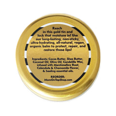 Lip balm tin, gold metallic, black and white striped detail, with MomOnTopShop.com text