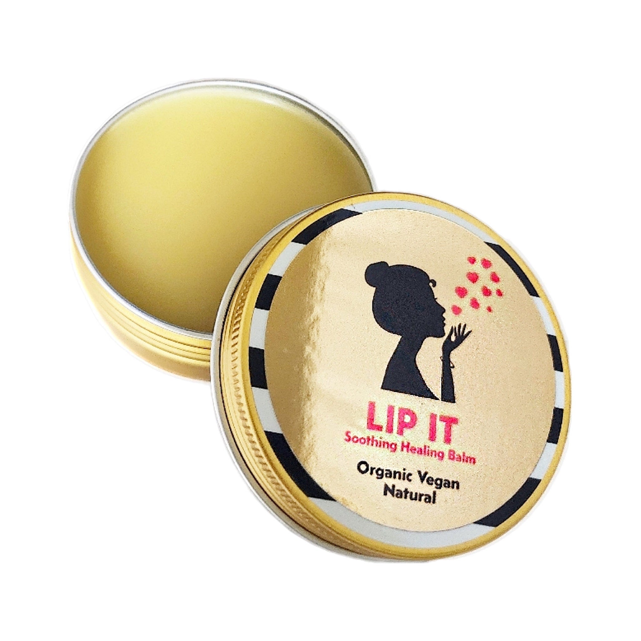 Lip balm in gold tin with black and white striped trim, yellow balm inside, and "Lip It" text