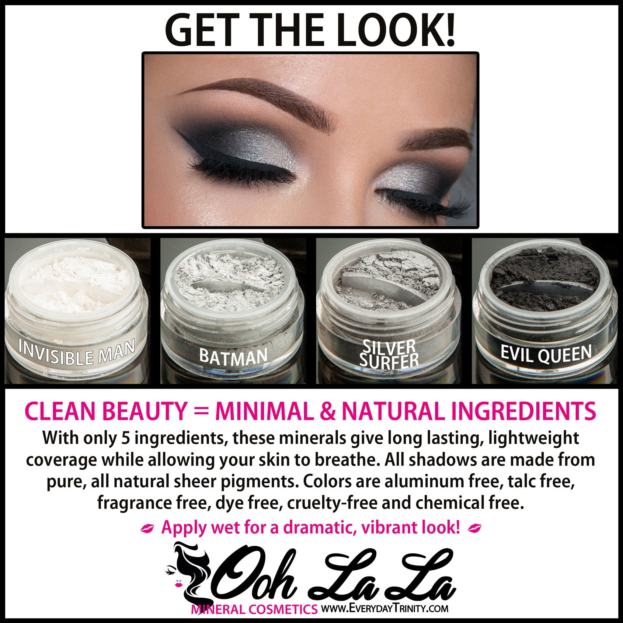 White, silver, and black vegan mineral eye shadow in a 10g jar with bonus cruelty-free certification label