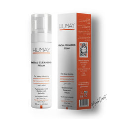 Facial cleansing foam product with white bottle and box, HUMAY branding, for deep cleaning