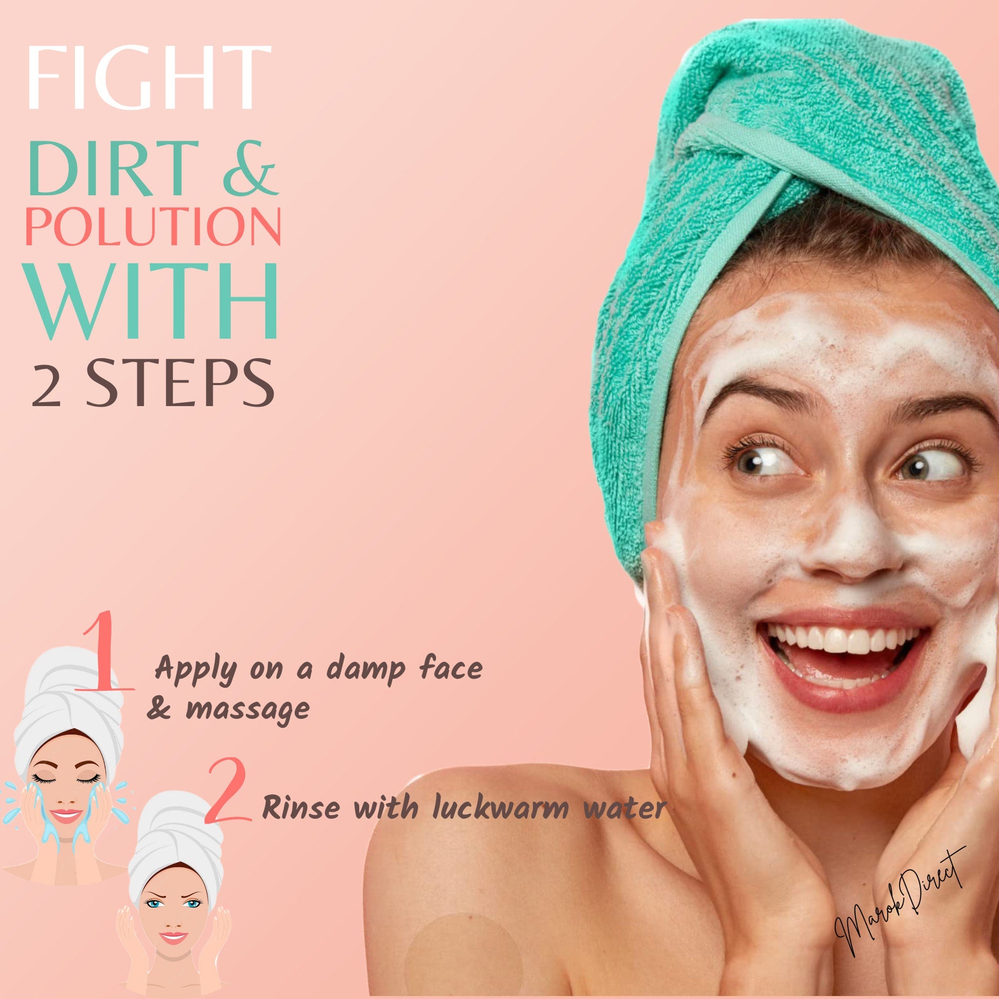 Skincare routine with woman wearing a green towel, covered in white foam, with text "Marak Direct