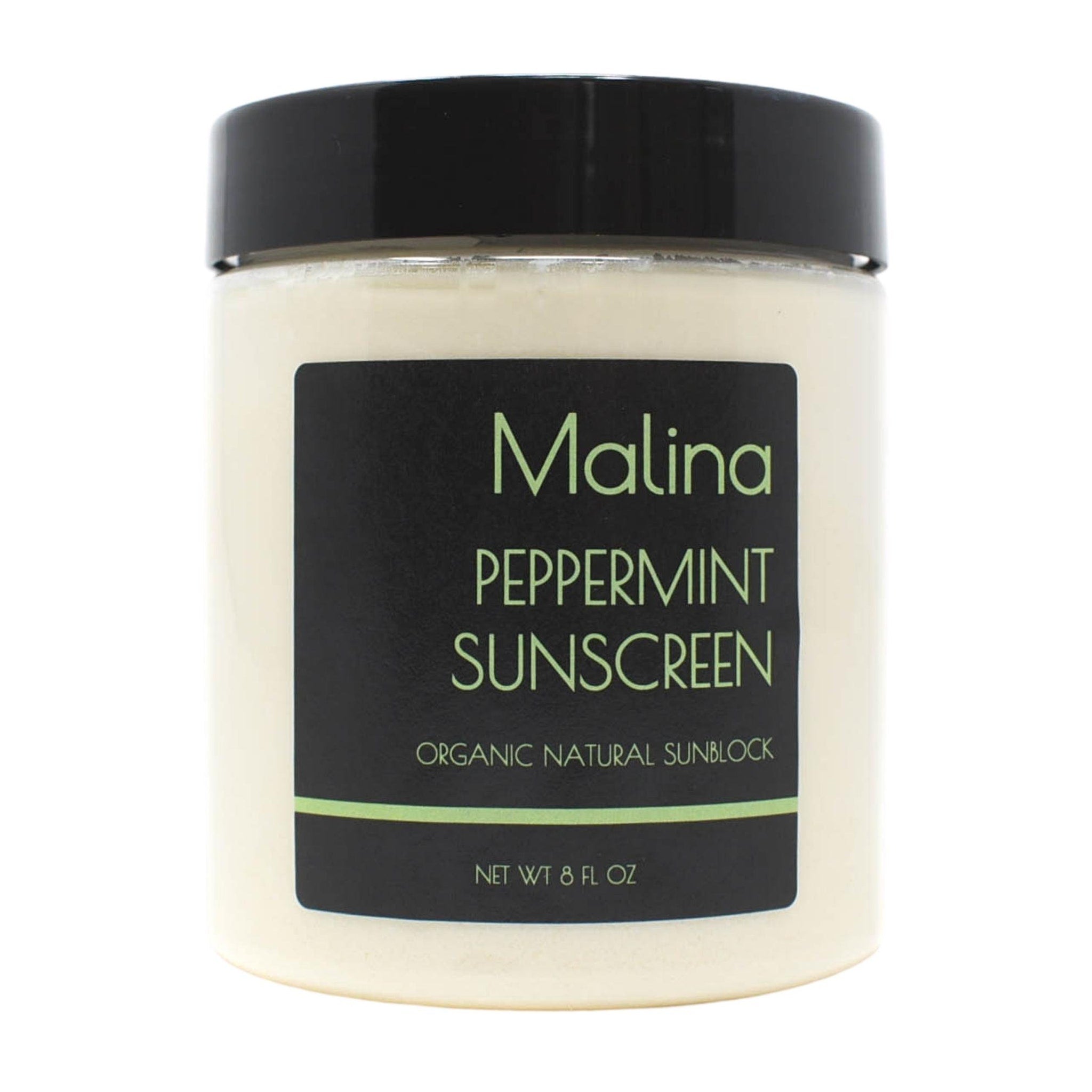 Peppermint sunscreen in a white jar with black lid and label, Malina brand text