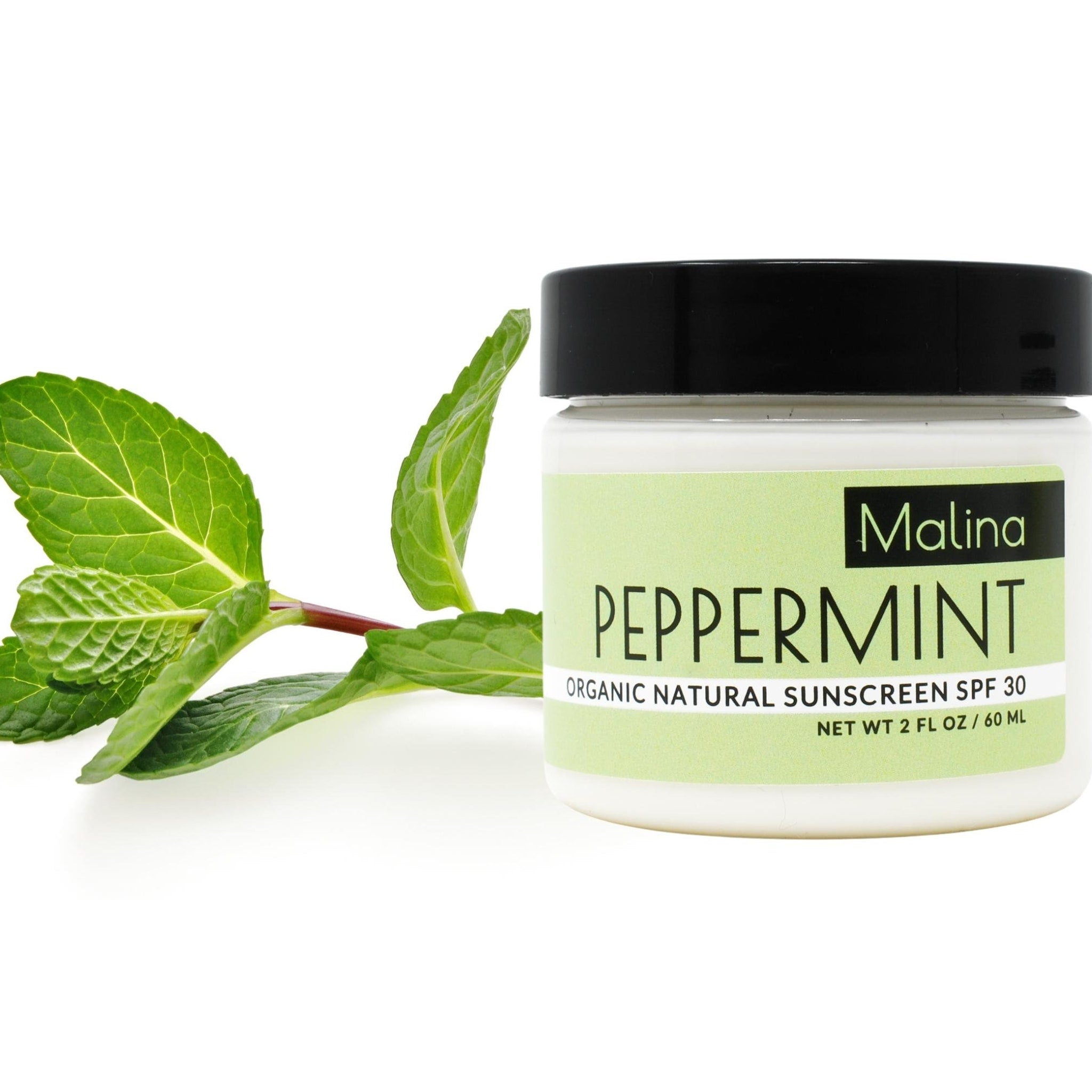 Sunscreen jar with black lid, white container, and green label with Malina and peppermint text
