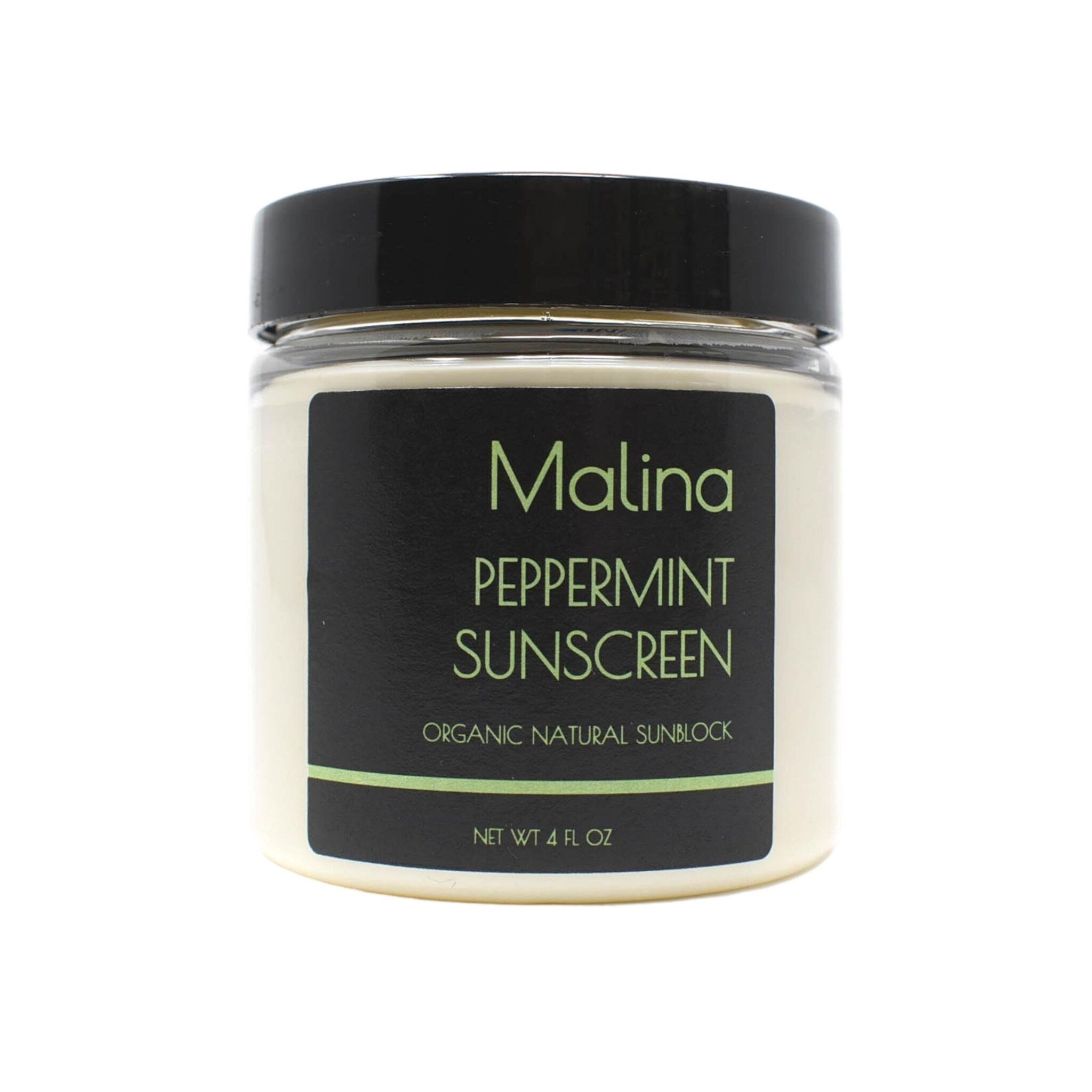 Peppermint sunscreen jar with black lid and label, Malina brand text visible