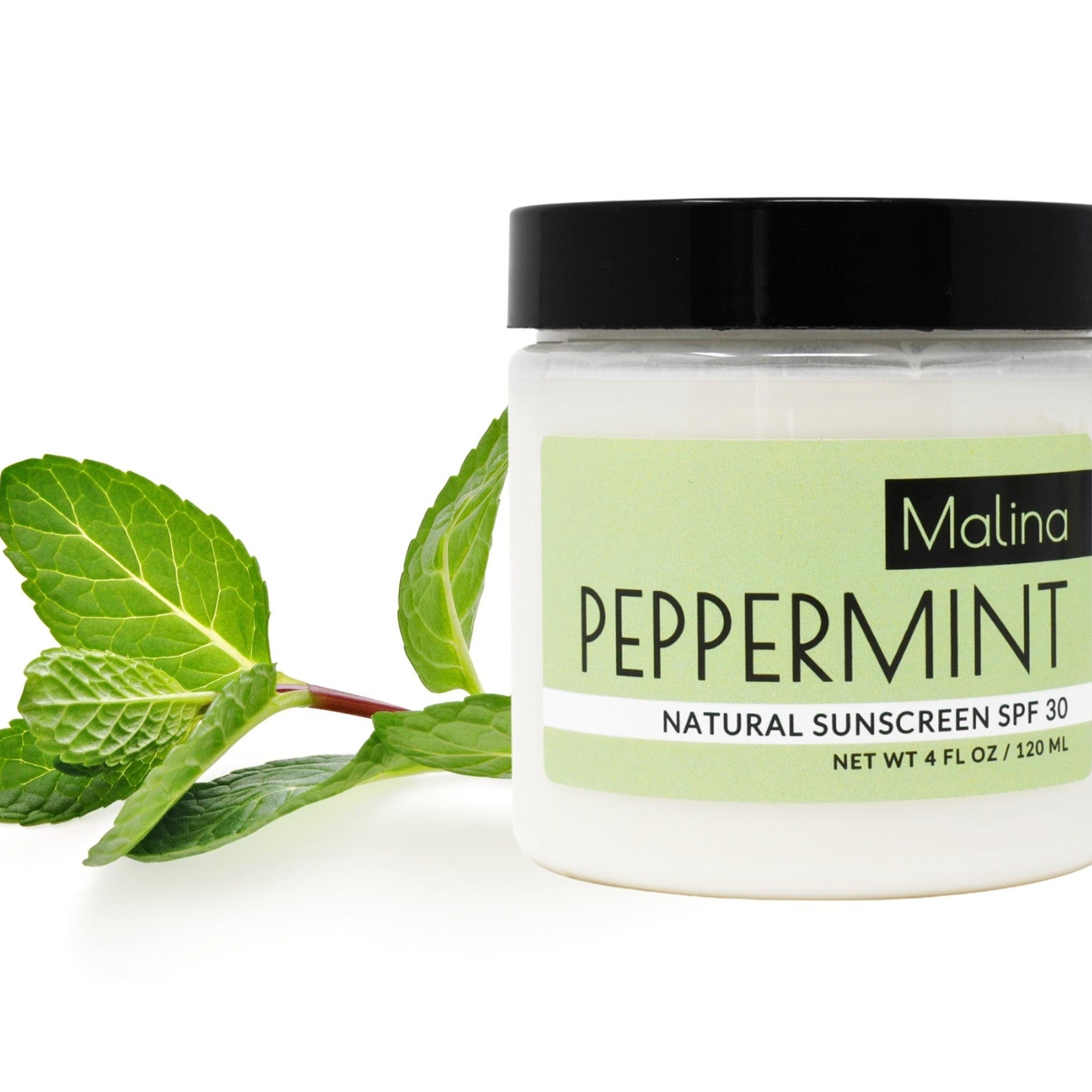 Sunscreen jar with black lid, green label, and Malina Peppermint text, with mint leaves