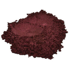 Dark maroon mica pigment powder in a clear jar with gold lid, showcasing rich metallic shimmer texture.