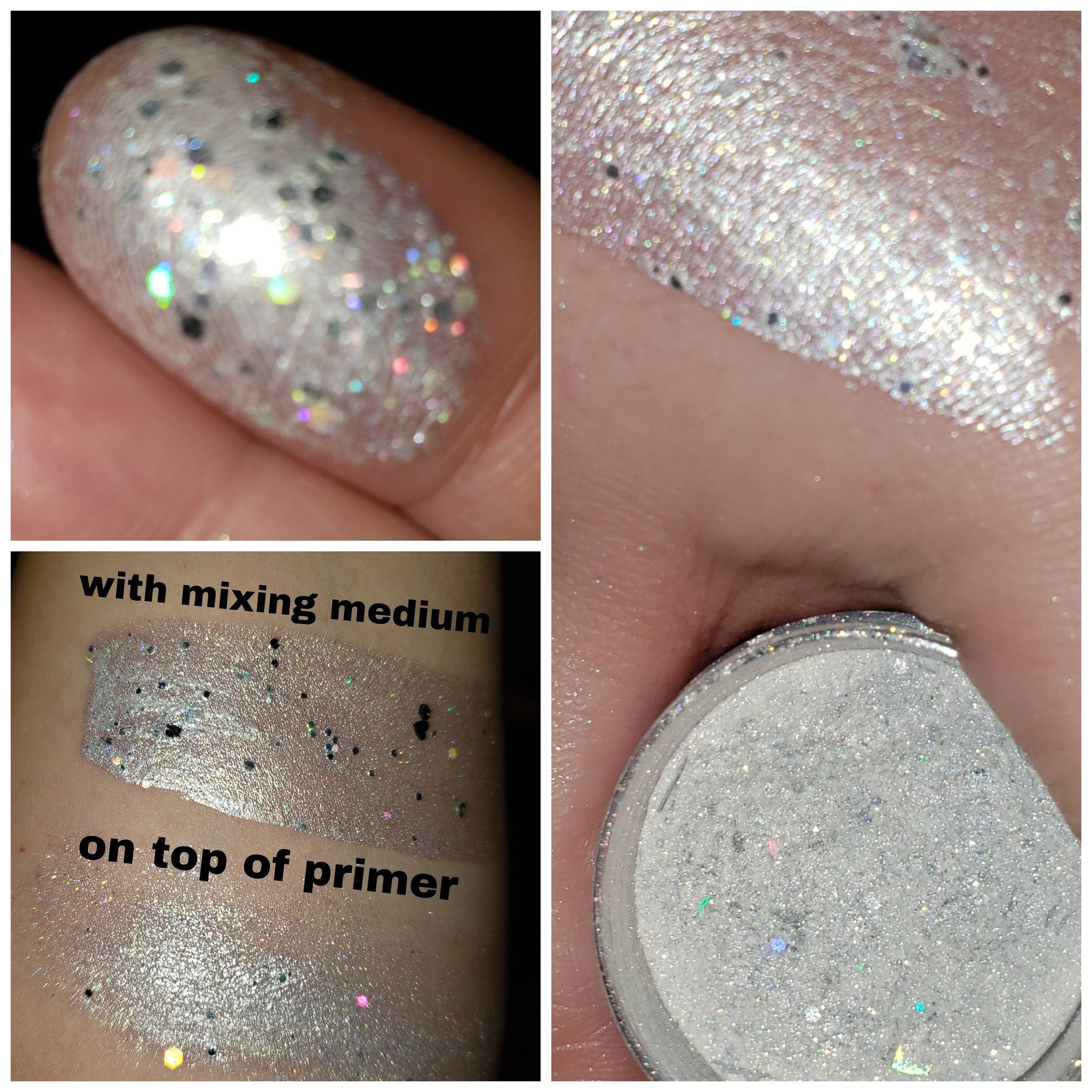 Hand applying shimmering loose glitter eye shadow to eyelid with fingertip, showcasing sparkly pigment dispersion
