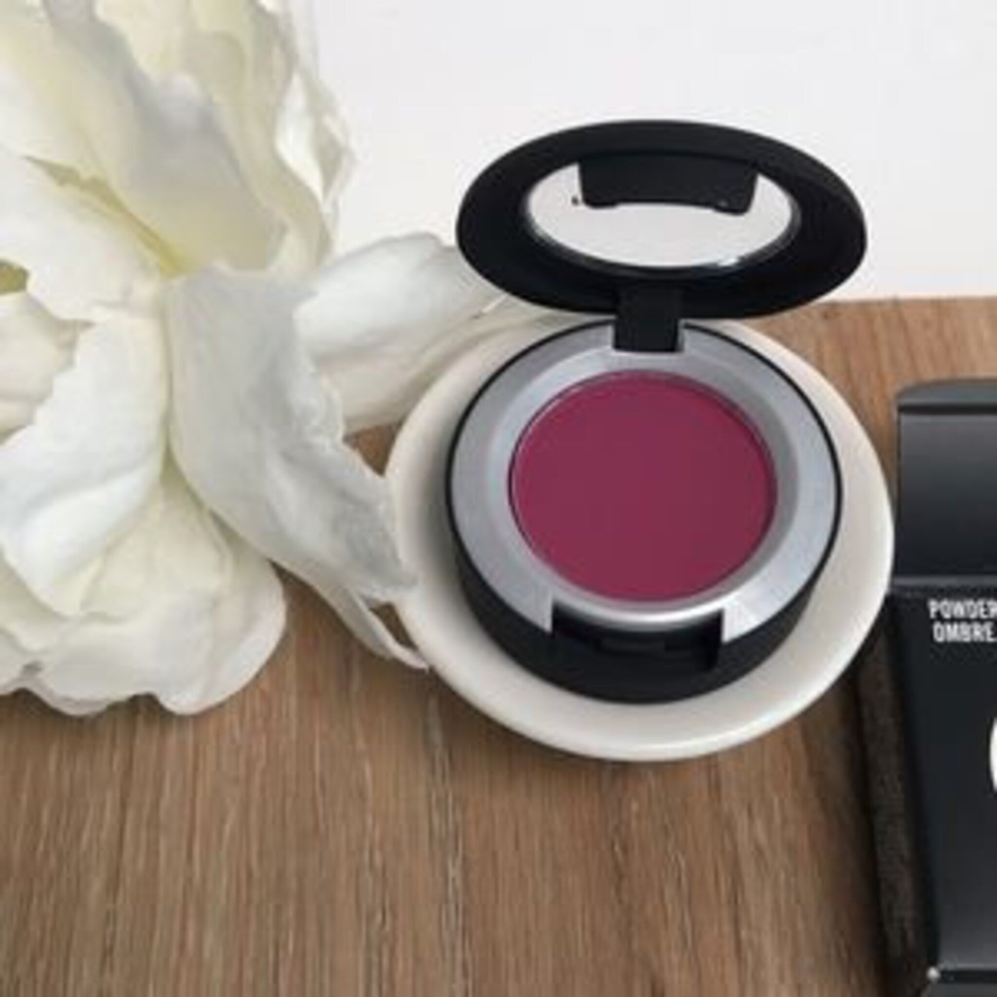 Close-up of a makeup brush applying MAC Matte Len’s Blur Soft Powder Eye Shadow in a neutral taupe shade
