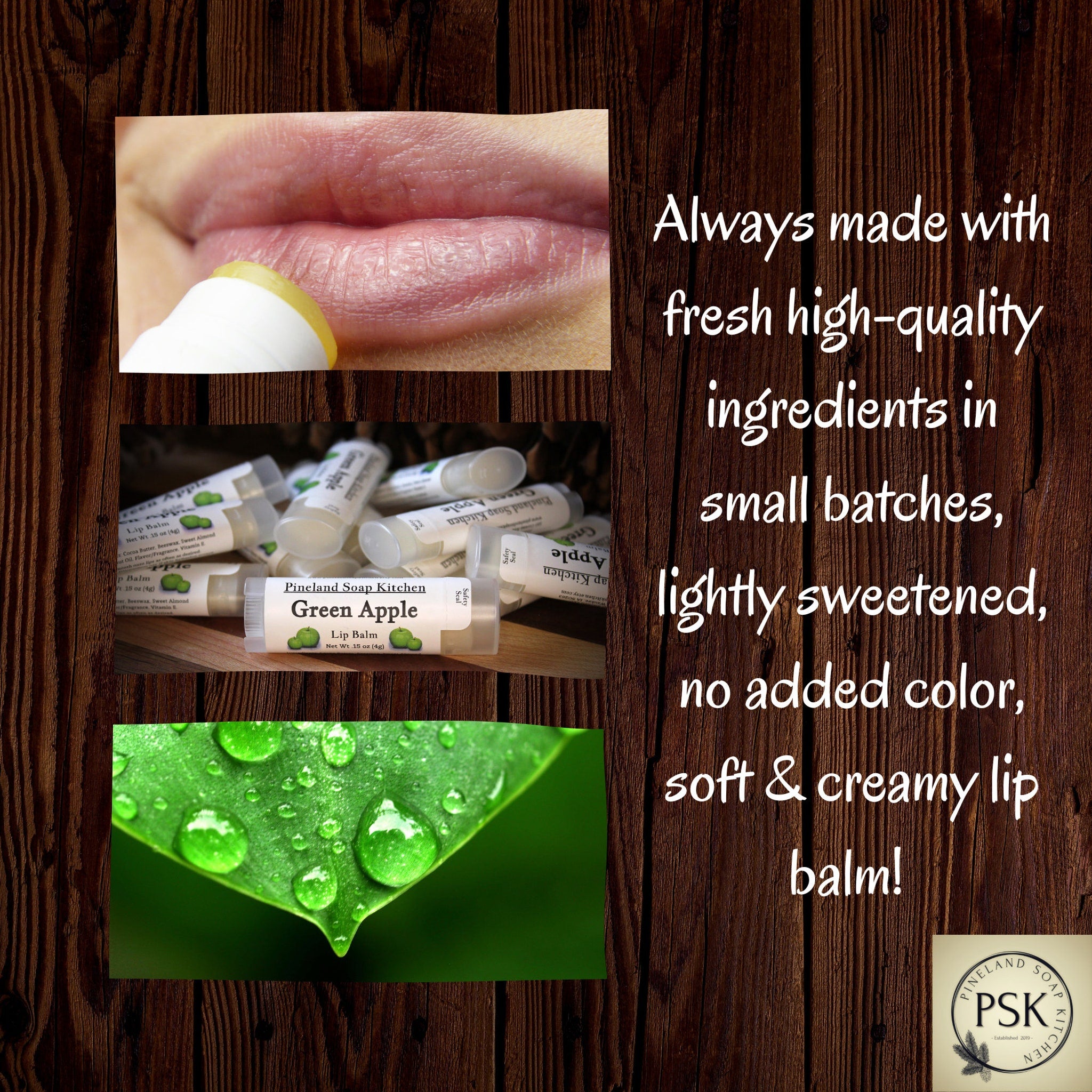 Lip balm with white tube, green apple label, and Pineland Soap Kitchen brand name visible.