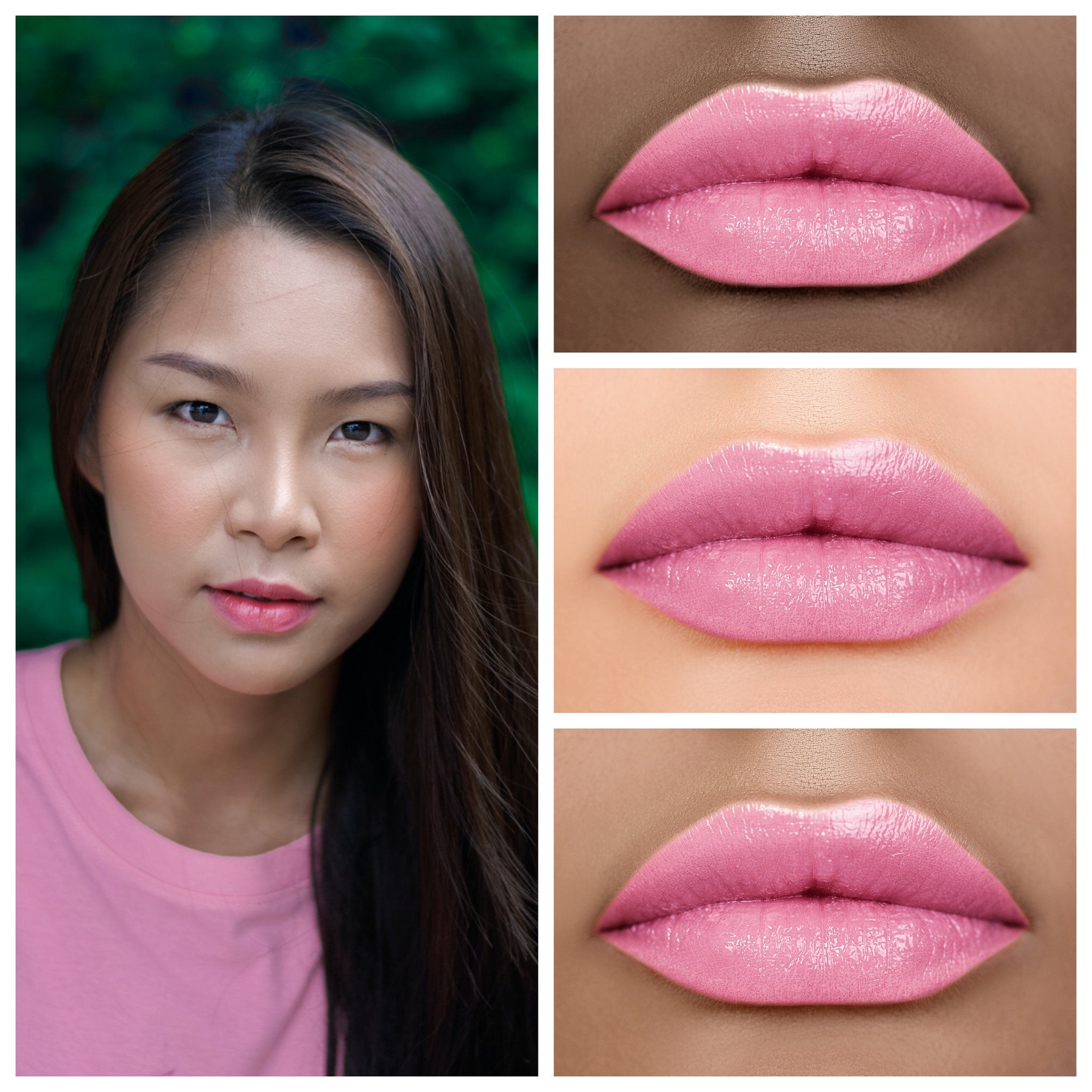 Lipstick in pink gloss and matte finish on lips and model wearing pink shirt
