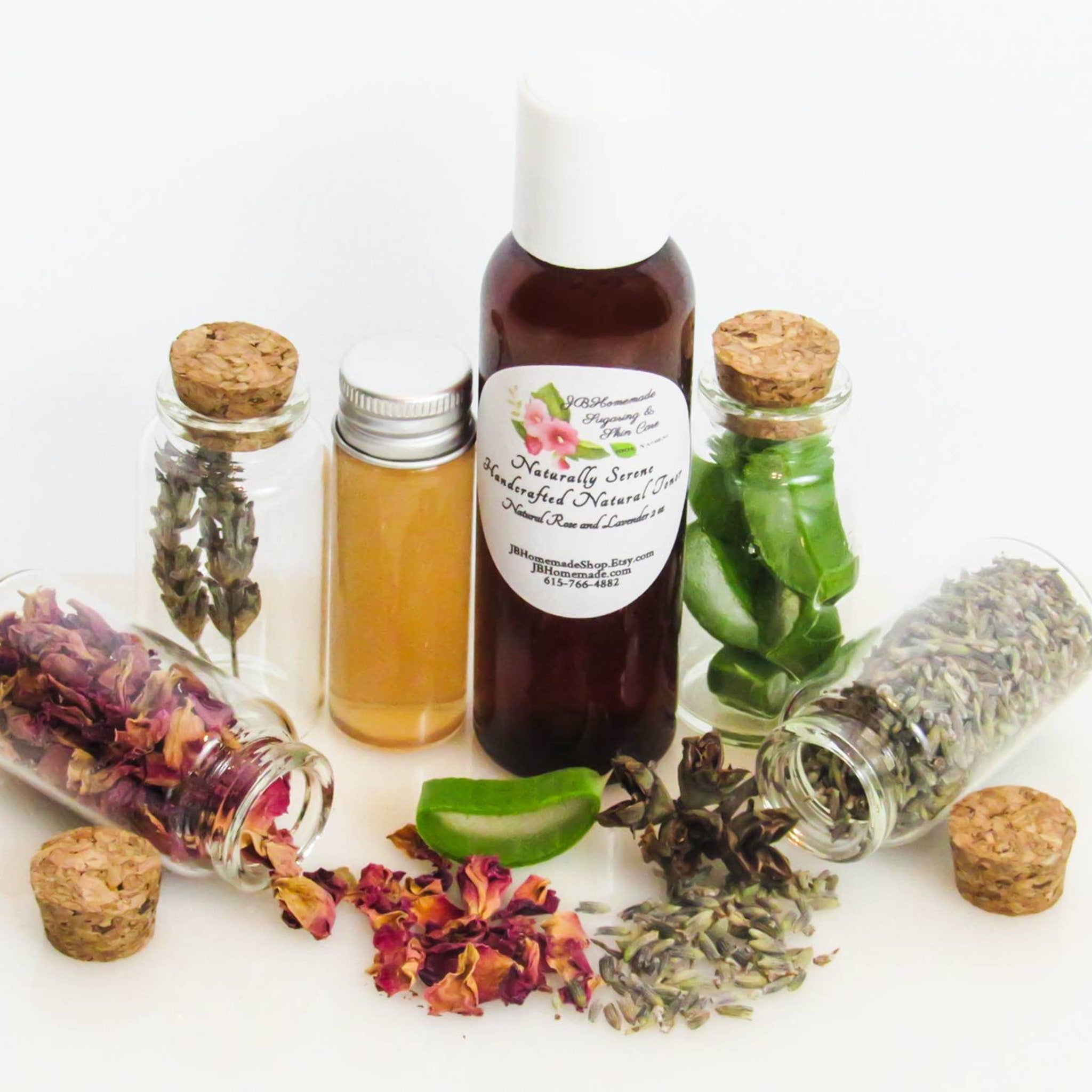 Natural tint ingredients with brown bottle, glass jars, corks, and visible JB Homemade label