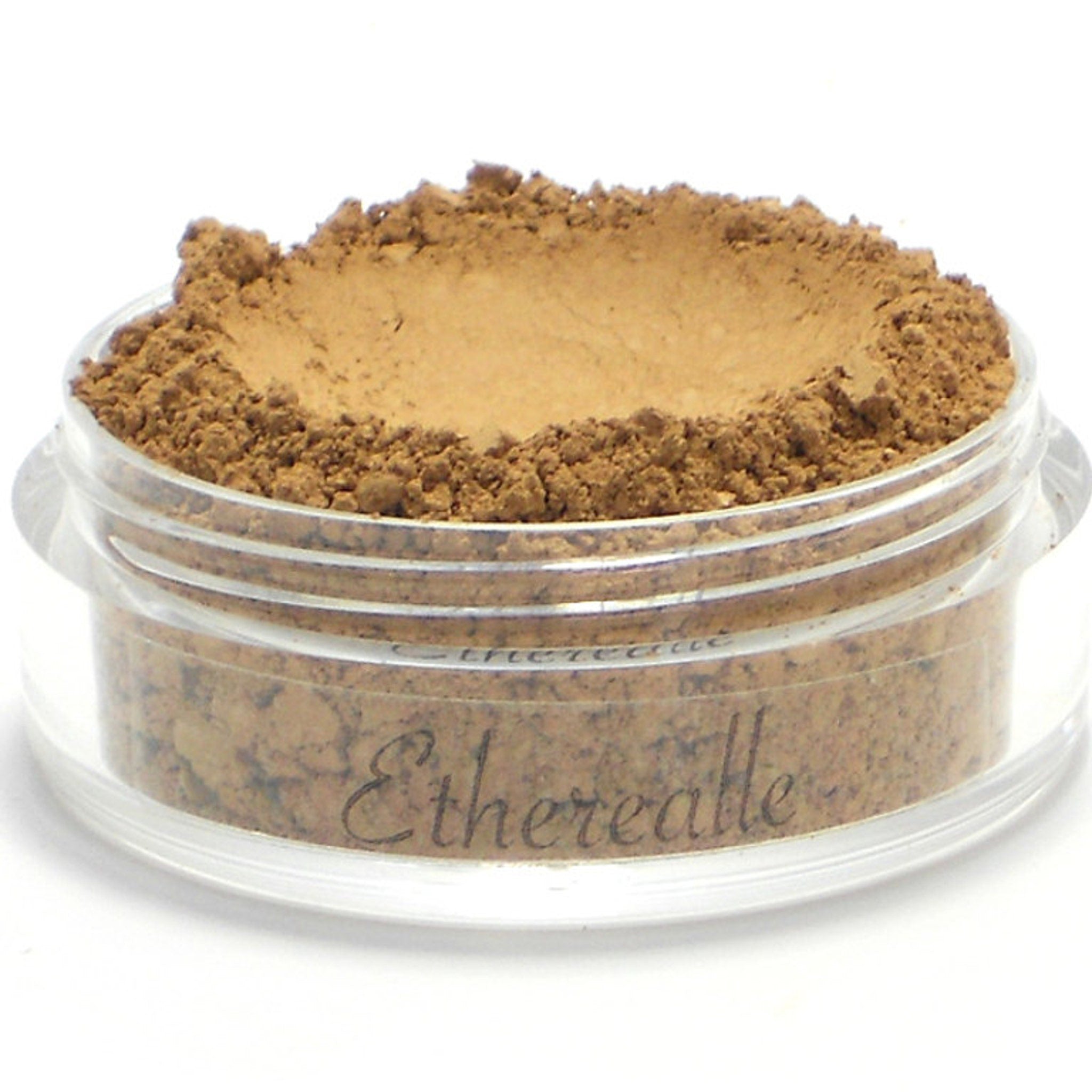 Mineral powder foundation in brown powder, clear jar, Etherealle brand