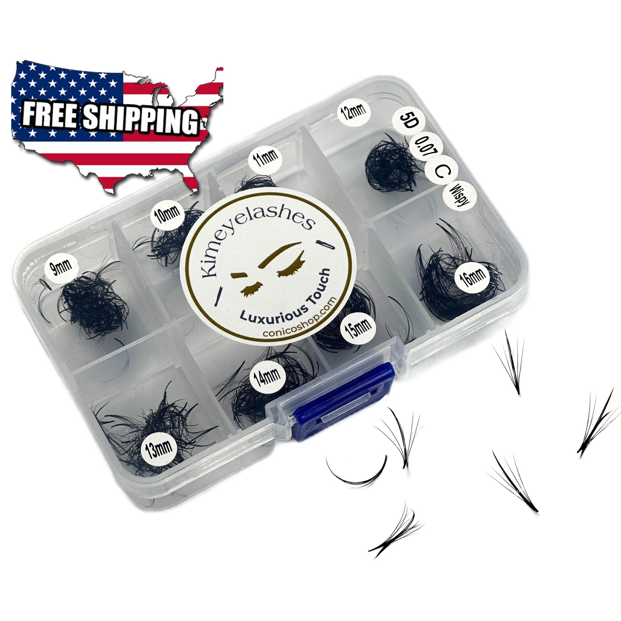 Premade wispy eyelash extensions, black synthetic fans, in clear container with Kimeyelashes label