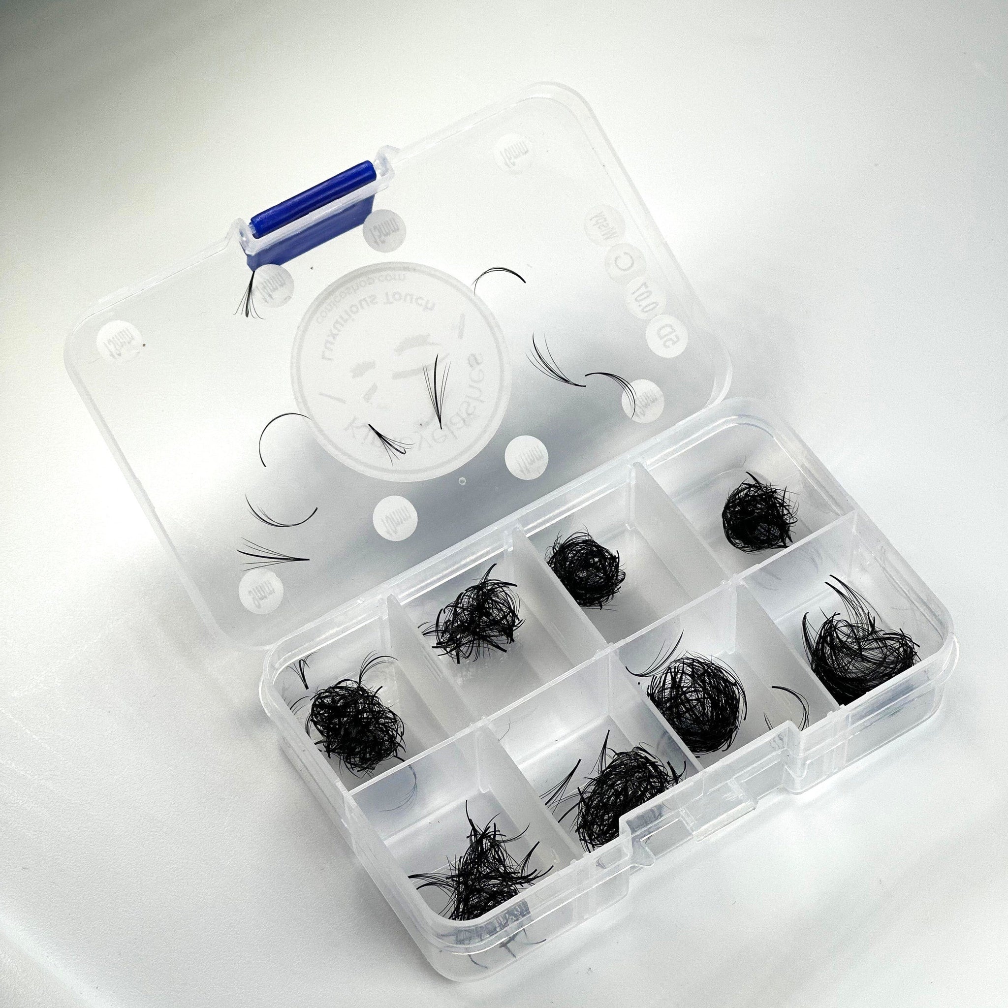 Eyelash extensions in clear plastic organizer with black lashes and blue hinge detail
