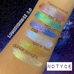 Eyeshadow swatches in iridescent colors, with text "LUMICHROMES 2.0" and "NOTYCE" visible