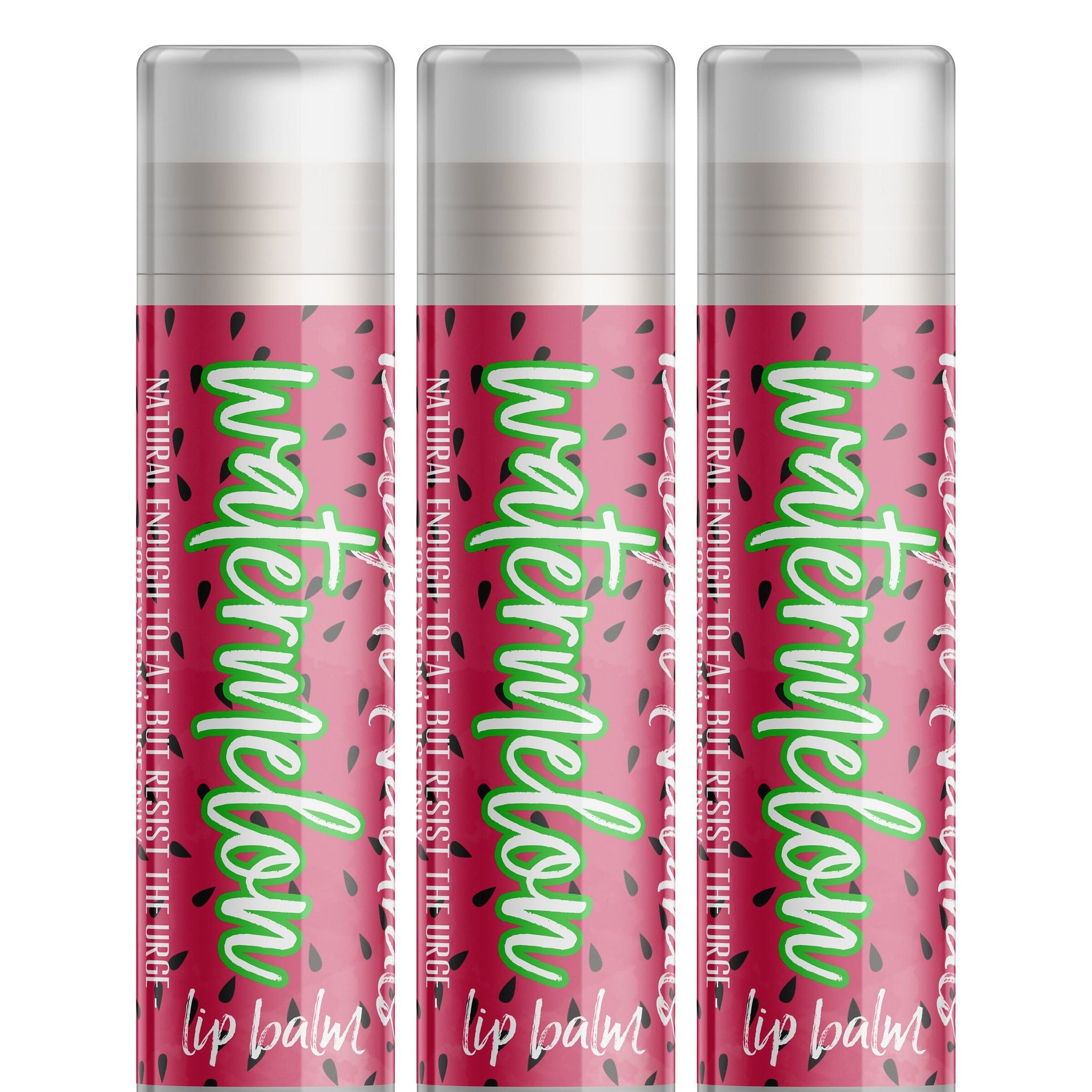 Watermelon lip balm, red and white tubes with watermelon pattern and Delight Naturals text