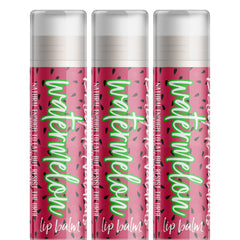 Watermelon lip balm, red and white tubes with watermelon pattern and Delight Naturals text