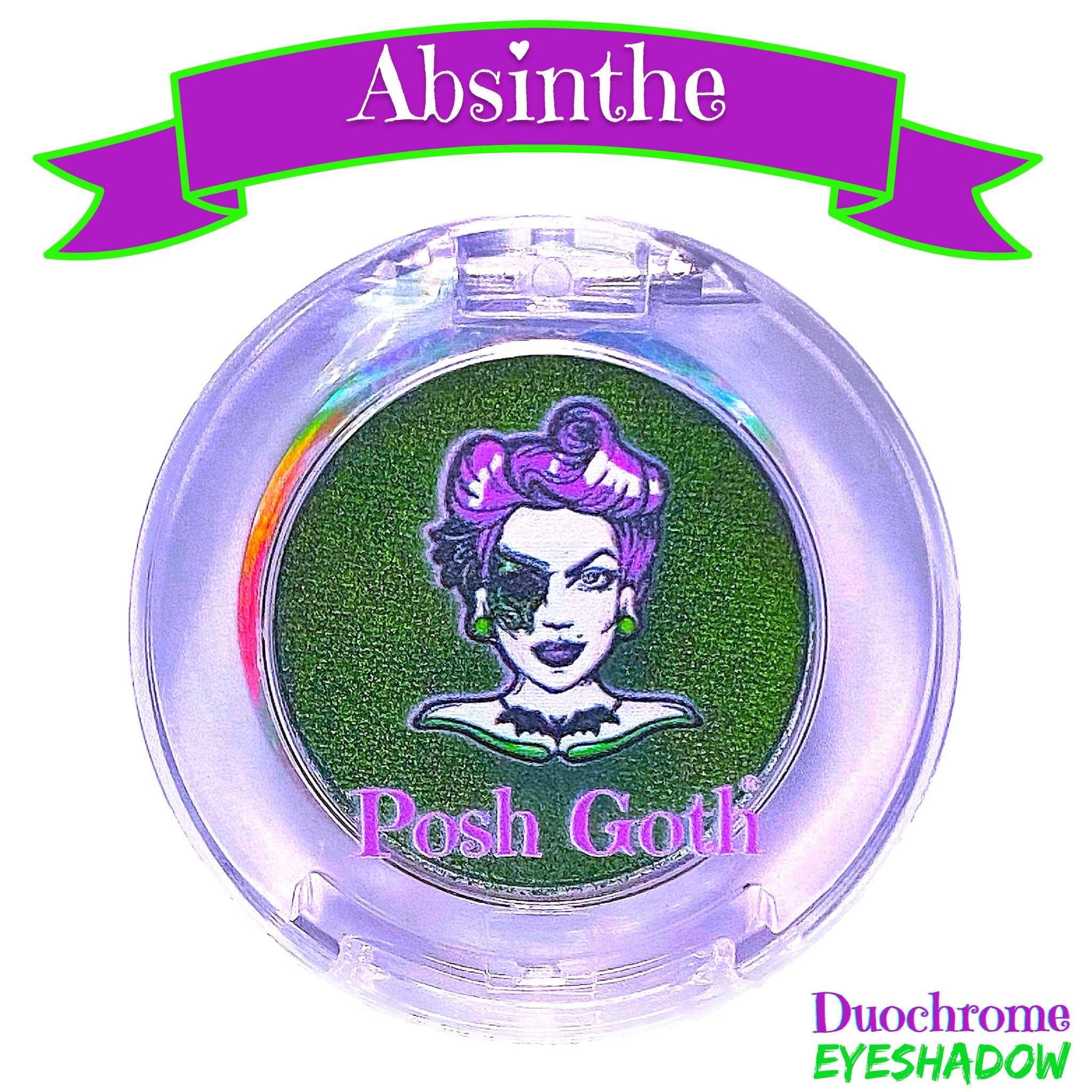 Side angle of absinthe green multichrome eyeshadow pan catching light with metallic shift