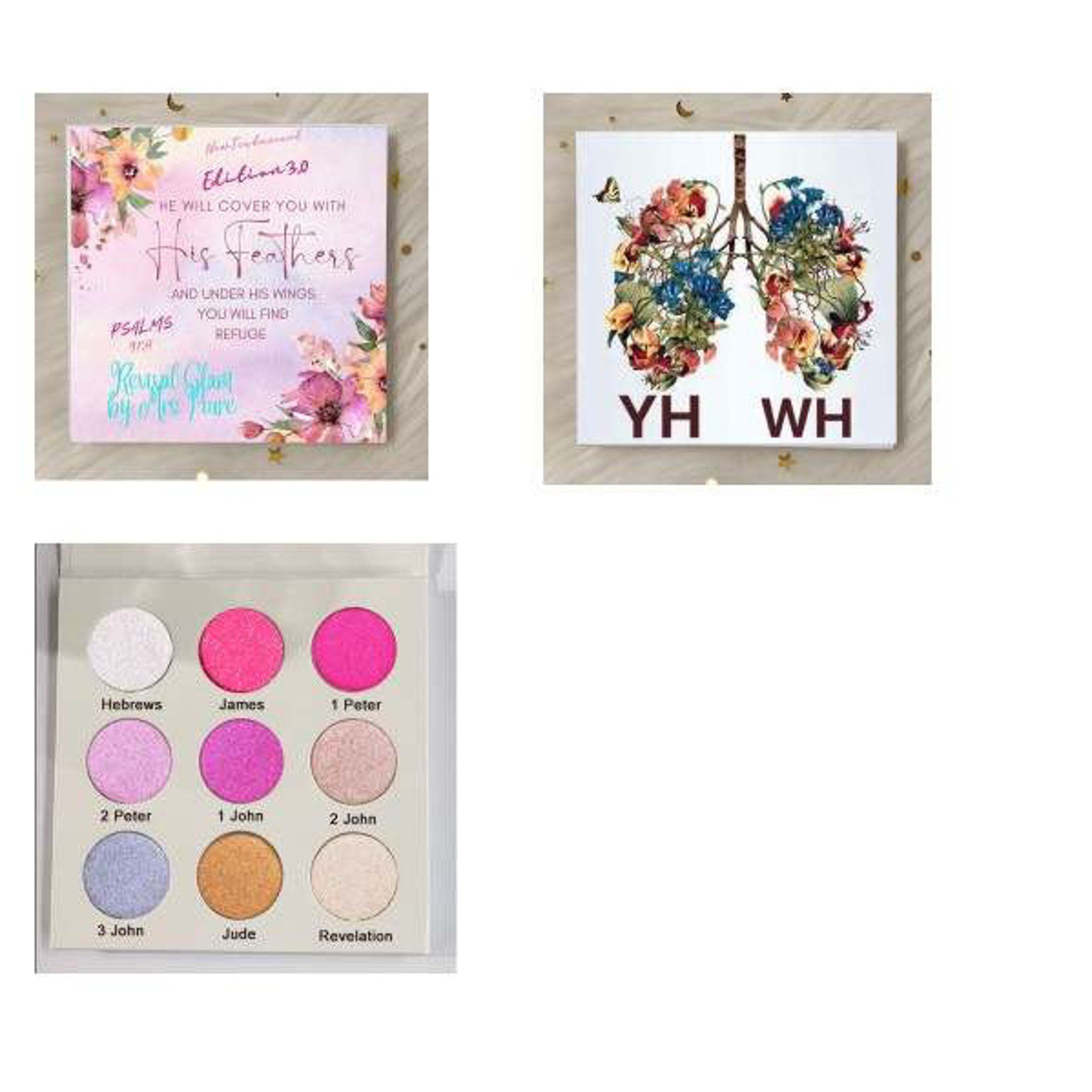 Eye shadow palette with pink, gold, and blue shades, in a rectangular case, for makeup application