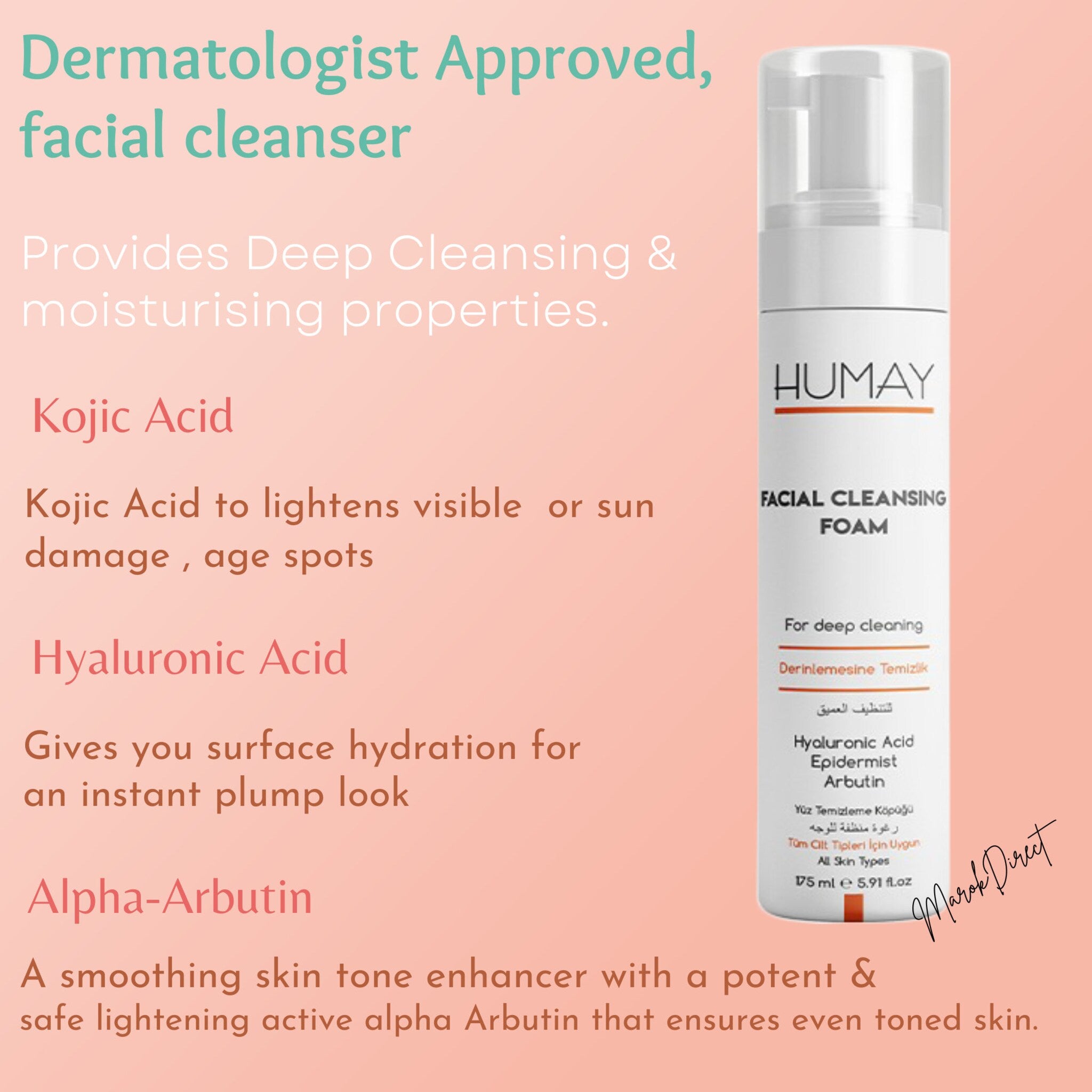 Facial cleansing foam product with white bottle, clear pump, and HUMAY brand name visible