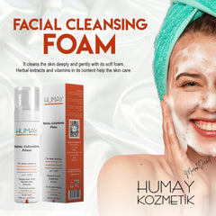 Facial Cleansing Foam with white foam, green towel, and Humay branding on packaging