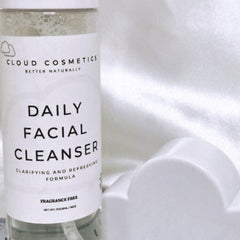 Daily facial cleanser with white label, clear bottle, and Cloud Cosmetics branding