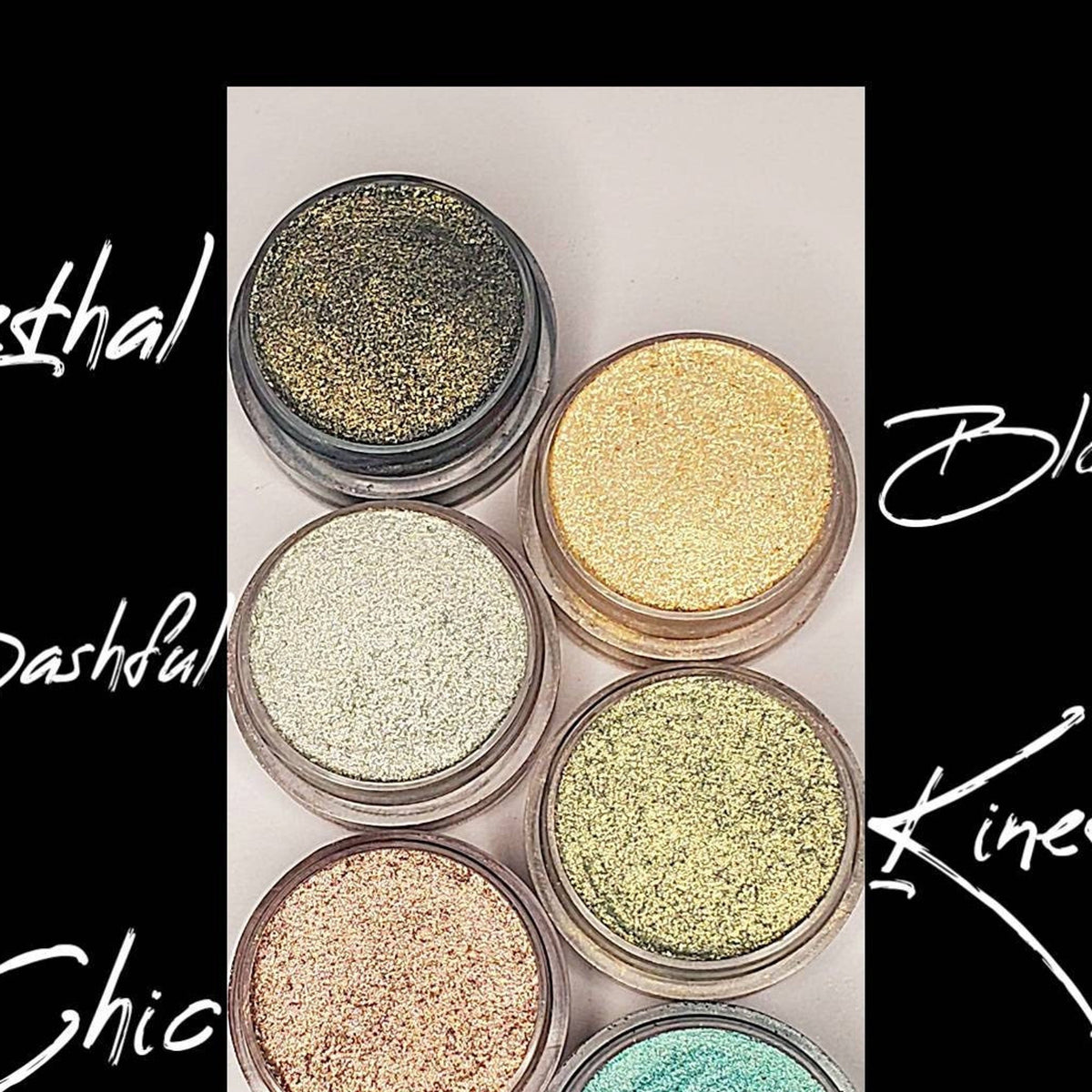 Multichrome eyeshadow palette with shifting iridescent hues in compact black case, open to show circular pans
