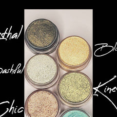 Multichrome eyeshadow palette with shifting iridescent hues in compact black case, open to show circular pans