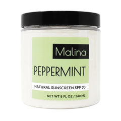 Sunscreen jar with black lid, white body, and green label with Malina and peppermint text